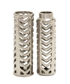 Grayson Lane 4-in x 11-in Glam Vase Silver Stoneware - Set of 2