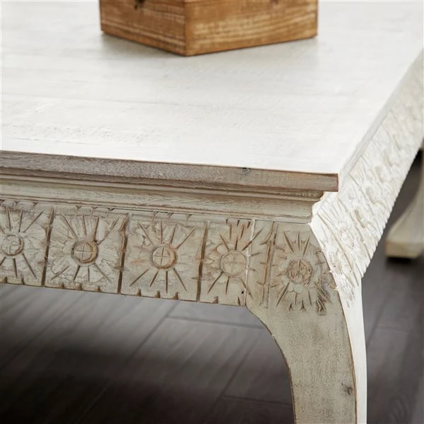 Grayson Lane 18-in x 44-in Vintage Coffee Table - White Mango Wood 4 Grayson Lane 18-in x 44-in Vintage Coffee Table - White Mango Wood - Image 4